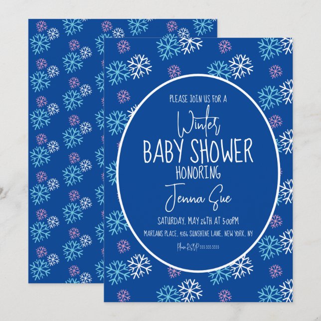 Winter Snowflakes Pink Blue Baby Shower Invitation (Front/Back)