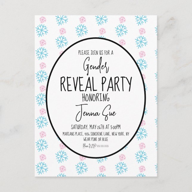 Winter Snowflakes Pink Blue Gender Reveal  Postcard (Front)