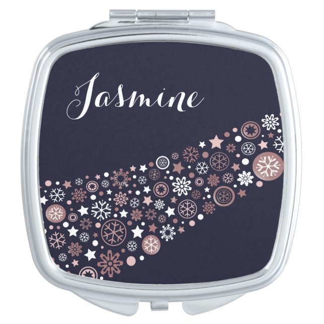 Winter snowflakes pink gold blue and white design compact mirror (Front)