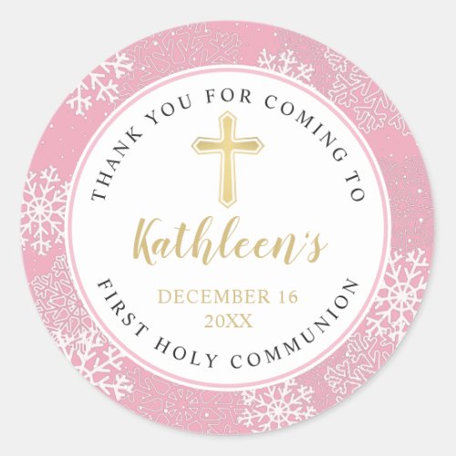Winter Snowflakes Pink Gold First Holy Communion Classic Round Sticker