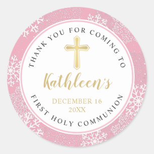 Winter Snowflakes Pink Gold First Holy Communion Classic Round Sticker