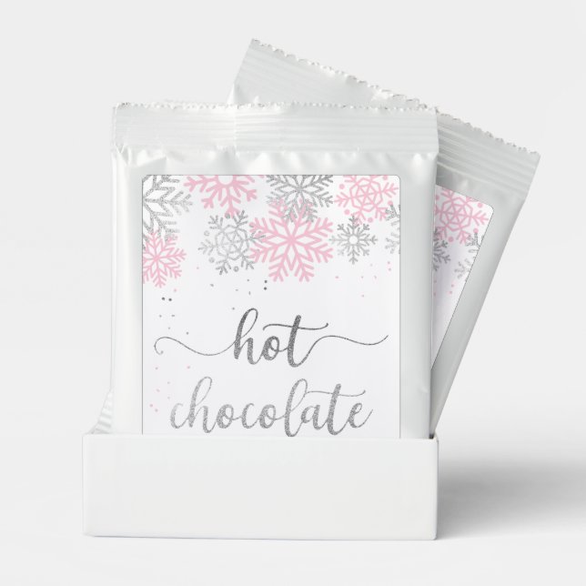 Winter Snowflakes Pink Silver Baby Shower Hot Chocolate Drink Mix (Pair)