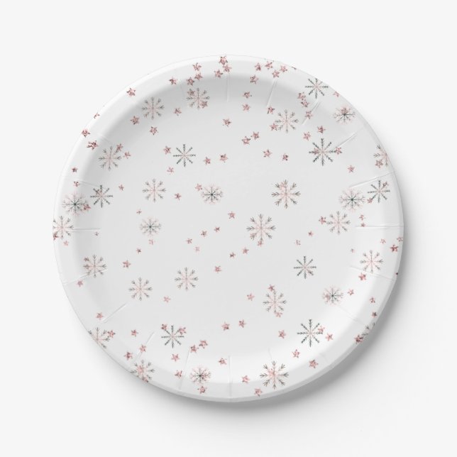 Winter Snowflakes Pink & Silver Paper Plates (Front)