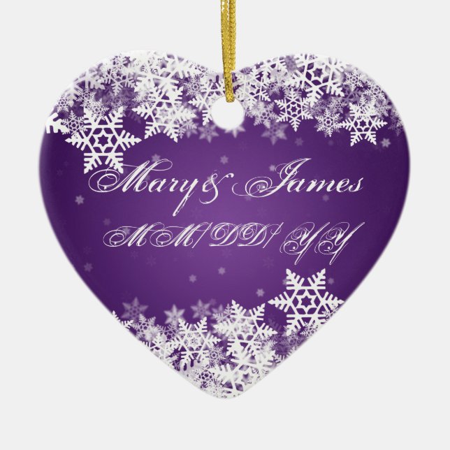 Winter Snowflakes Purple Elegant Wedding Favor Ceramic Ornament (Front)
