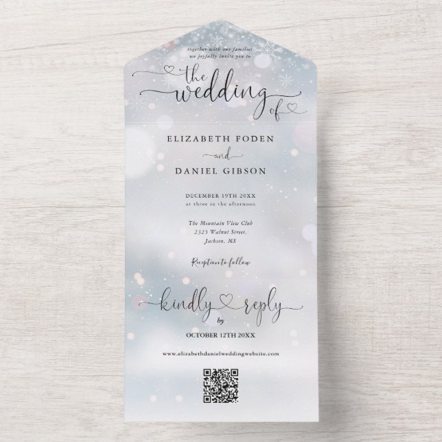 Winter Snowflakes QR Code Script Hearts Wedding All In One Invitation (Inside)