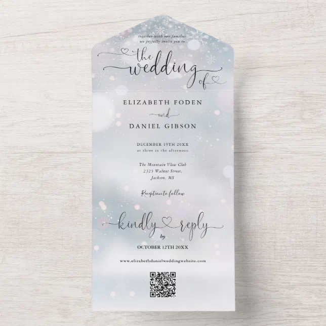 Winter Snowflakes QR Code Script Hearts Wedding All In One Invitation ...