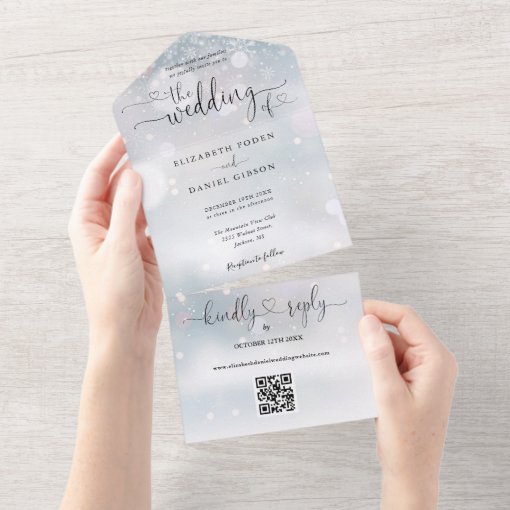 Winter Snowflakes QR Code Script Hearts Wedding All In One Invitation ...