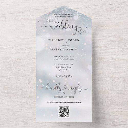 Winter Snowflakes QR Code Script Hearts Wedding All In One Invitation