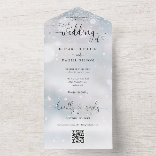 Winter Snowflakes QR Code Script Hearts Wedding All In One Invitation ...