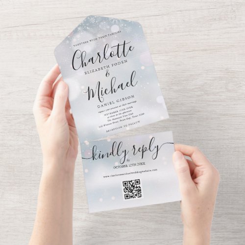Winter Snowflakes QR Code Wedding All In One Invitation