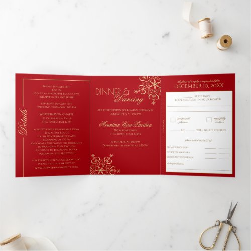 Winter Snowflakes Red and Gold Sparkle Tri_Fo Tri_Fold Card