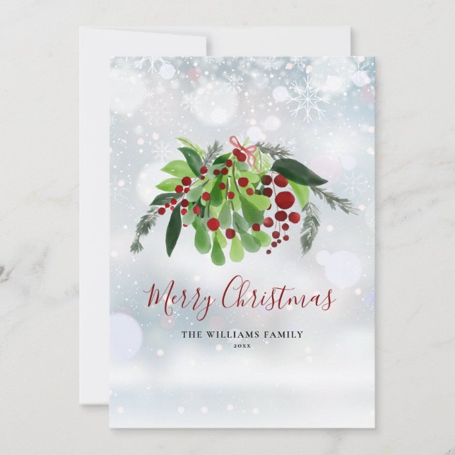 Winter Snowflakes Red Berries Greenery Christmas Holiday Card (Front)