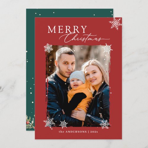 Winter Snowflakes Red Green Merry Christmas Photo Holiday Card