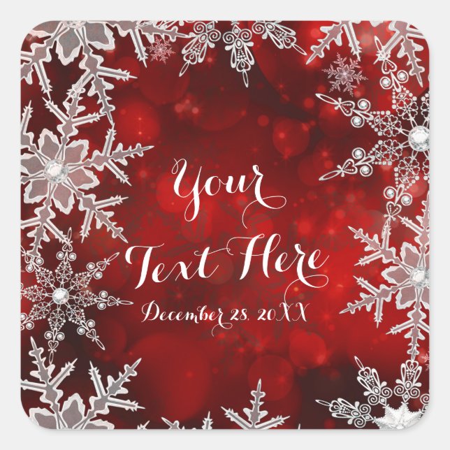 Winter Snowflakes Red Holiday Party Favor Square Sticker (Front)