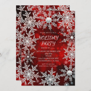 Winter Snowflakes Red Holiday Party Invitations