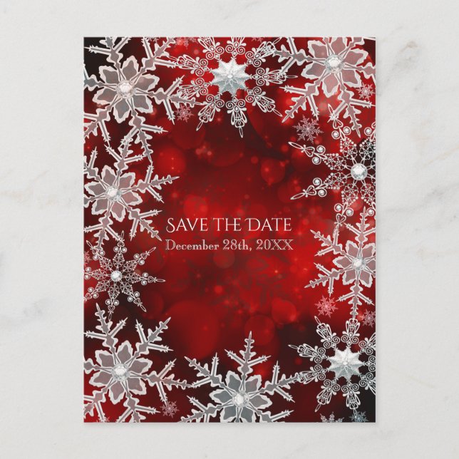 Winter Snowflakes Red Holiday Party Save the Date Announcement Postcard (Front)