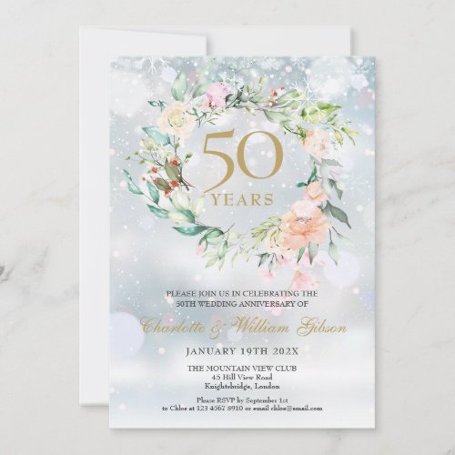Winter Snowflakes Roses Garland 50th Anniversary   Invitation