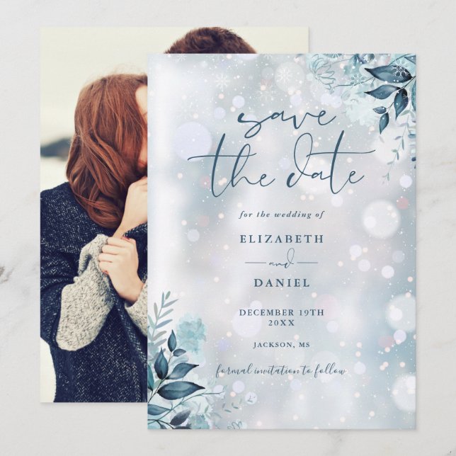 Winter Snowflakes Rustic Floral Photo Wedding Save The Date (Front/Back)
