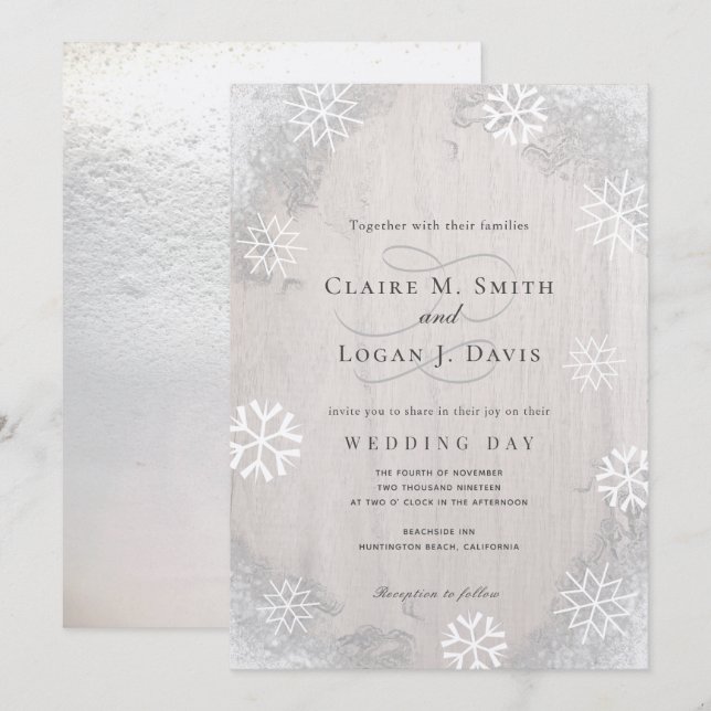 Winter Snowflakes Rustic Light Gray Wood Wedding Invitation (Front/Back)