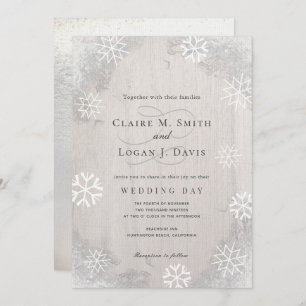 Winter Snowflakes Rustic Light Gray Wood Wedding Invitation