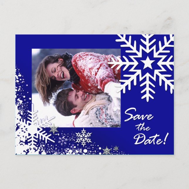 Winter Snowflakes Save the Date (lapis) Photo Announcement Postcard (Front)
