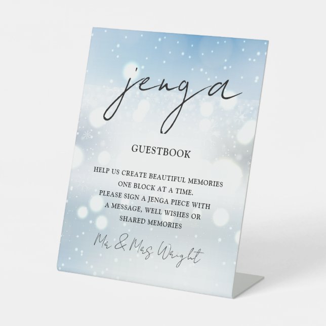 Winter Snowflakes Script Jenga Guestbook Pedestal Sign (Front)