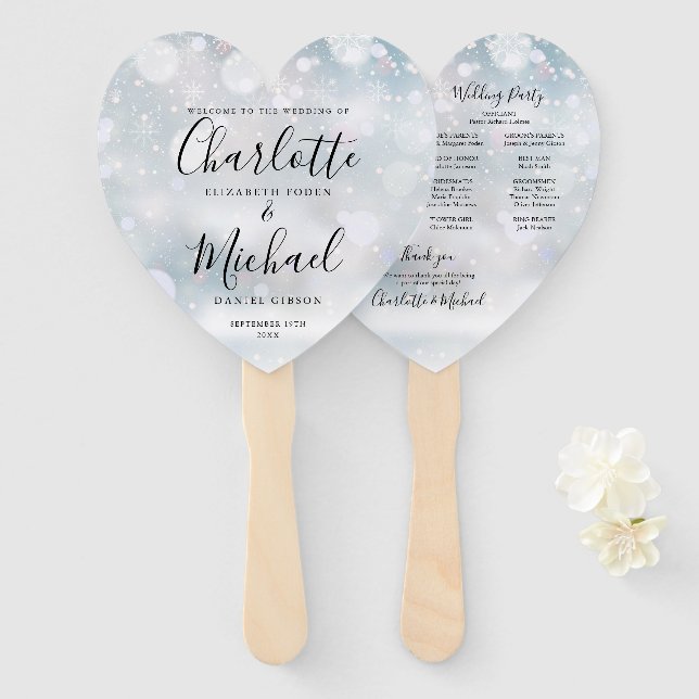 Winter Snowflakes Script Wedding Program Heart Hand Fan (Front and Back)
