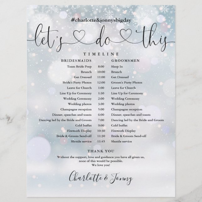 Winter Snowflakes Script Wedding Schedule Timeline (Front)