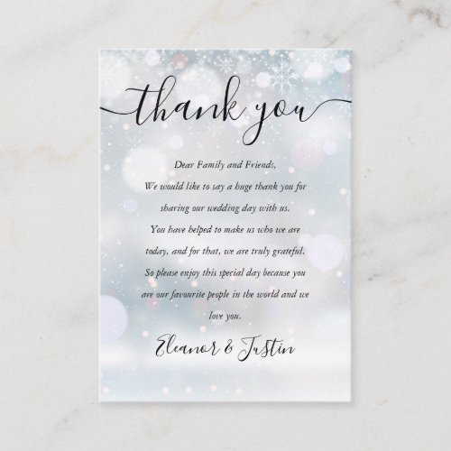 Winter Snowflakes Script Wedding Thank You Place Card