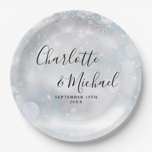 Winter Snowflakes Signature Script Wedding Paper Plates (Front)