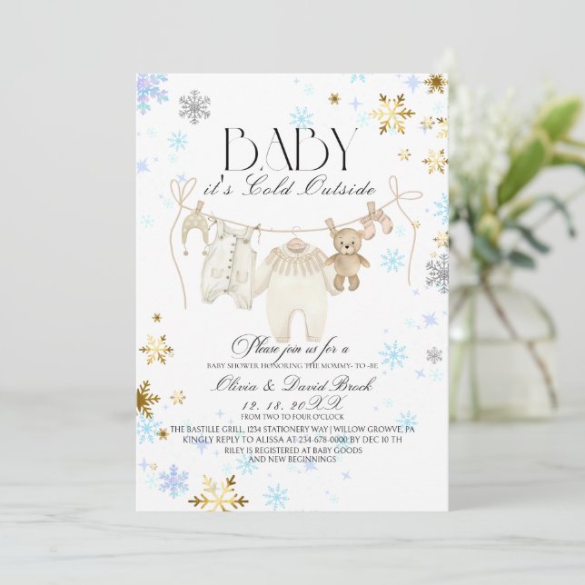 Winter Snowflakes Silver and Gold  Baby Shower  Invitation (Standing Front)