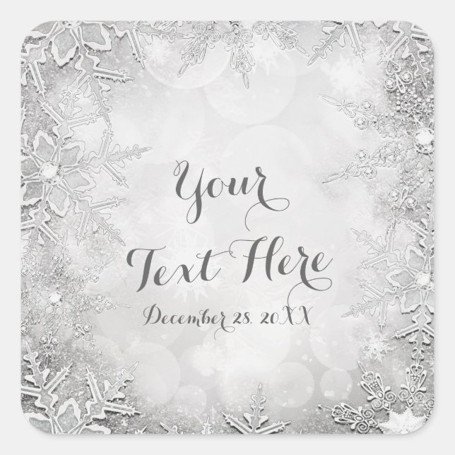 Winter Snowflakes Silver & White Party Favor Square Sticker (Front)