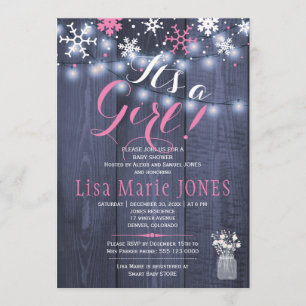 Winter snowflakes string lights girl baby shower invitation