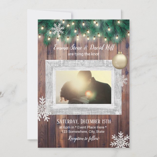 Winter Snowflakes String Lights Photo Wedding Invitation (Front)