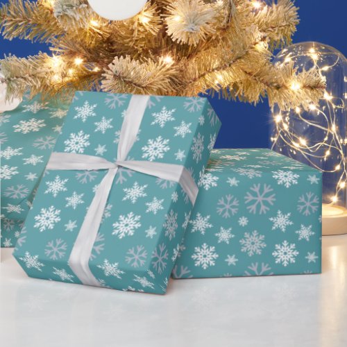 Winter Snowflakes Teal Blue Pattern Wrapping Paper