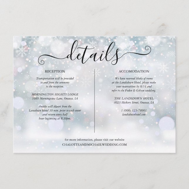 Winter Snowflakes Wedding Details Information Enclosure Card (Front)