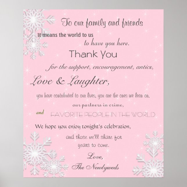 Winter Snowflakes Wedding Poster, Thank You Sign (Front)