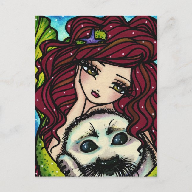 Winter Snowflakes White Seal Mermaid Art Fantasy Postcard (Front)