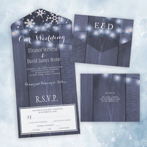 Winter snowflakes wood lights rustic wedding RSVP All In One Invitation