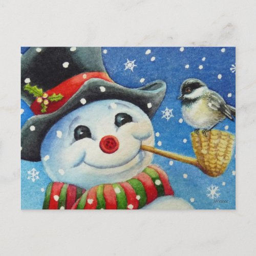 Winter Snowman and Chickadee Bird Watercolor Art Postcard