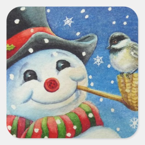 Winter Snowman and Chickadee Bird Watercolor Art Square Sticker