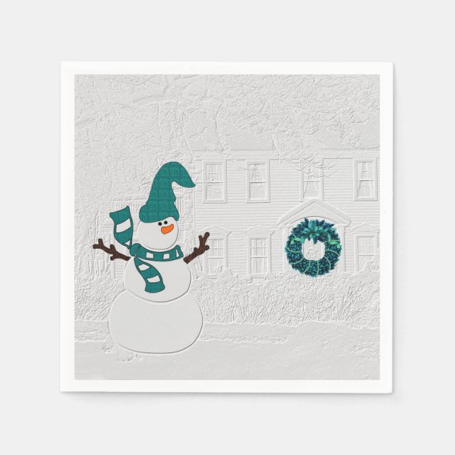 Winter Snowman and House Wreath in Teal Holiday Napkins (Front)