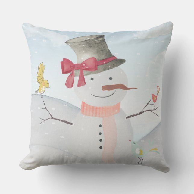 Winter Snowman animal snow animal illustration Outdoor Pillow (Front)