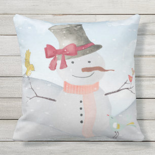 Winter Snowman animal snow animal illustration Outdoor Pillow