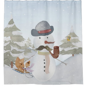 Winter Snowman animal snow animal illustration Shower Curtain