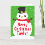 Winter Snowman Bright Green Merry Christmas Holida Holiday Card<br><div class="desc">Adorable Winter Christmas snowman in a top hat with holly and a red scarf. The background consists of falling snowflakes on bright green.
Graphics by PrettyGrafik</div>