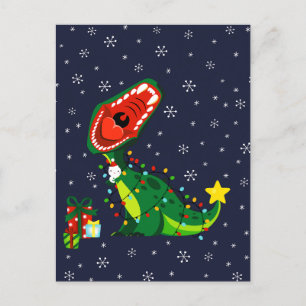 Winter Snowman Christmas Tree T-Rex Dinosaur Holiday Postcard