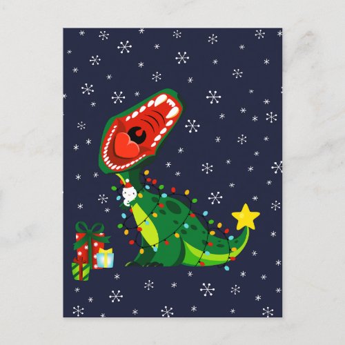 Winter Snowman Christmas Tree T_Rex Dinosaur  Holiday Postcard