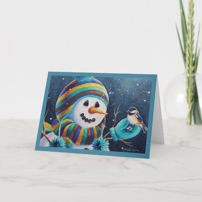 Winter Snowman Feeds Chickadee Bird Watercolor Art Card (Front)