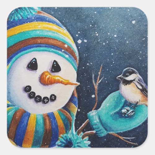Winter Snowman Feeds Chickadee Bird Watercolor Art Square Sticker